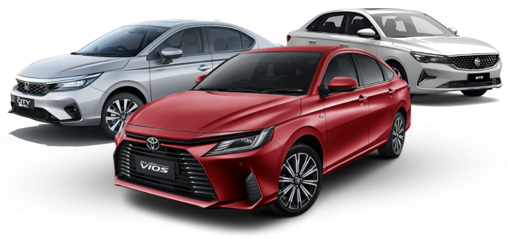 Red Toyota Vios, silver Honda City and white Proton S70 rental cars